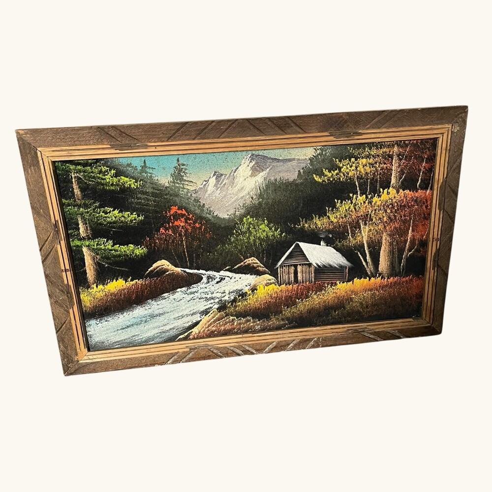 VTG 70s Black Velvet Painting River Cabin Landscape Carved Wood Frame 22" X 13"